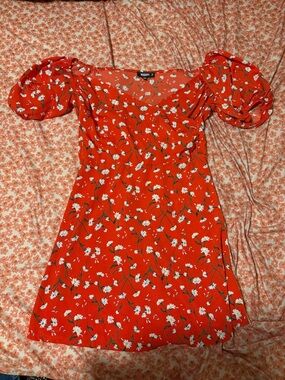 Red Floral Puff-Sleeve Mini Dress